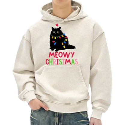 Meowy Christmas Funny Black Cat Vintage Washed Hoodie