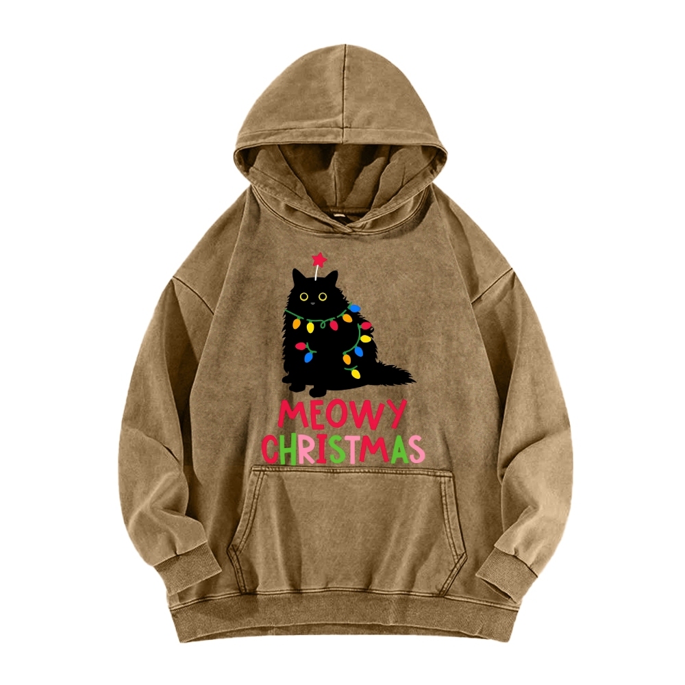 Meowy Christmas Funny Black Cat Vintage Washed Hoodie