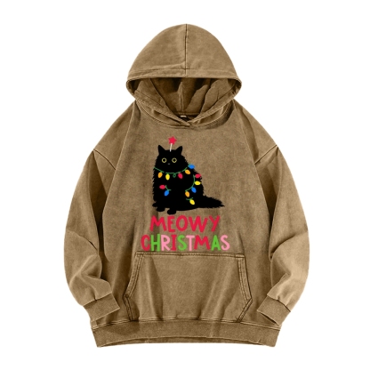 Meowy Christmas Funny Black Cat Vintage Washed Hoodie