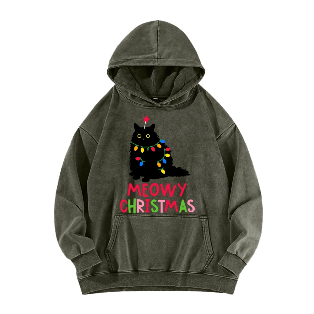 Meowy Christmas Funny Black Cat Vintage Washed Hoodie