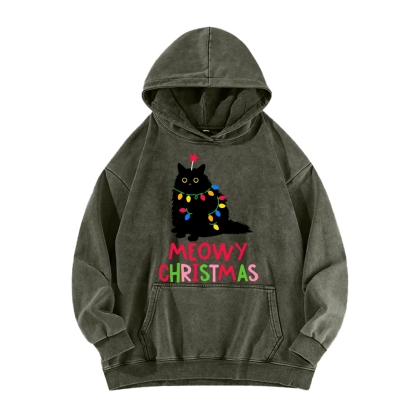 Meowy Christmas Funny Black Cat Vintage Washed Hoodie
