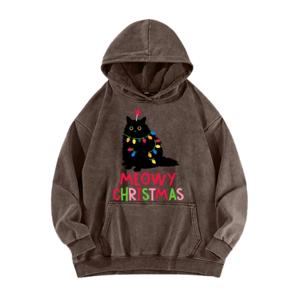 Meowy Christmas Funny Black Cat Vintage Washed Hoodie