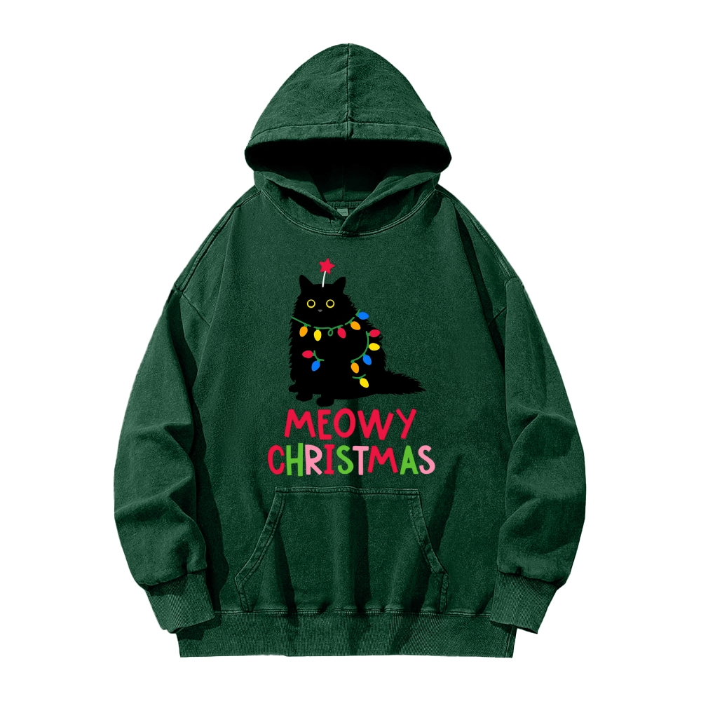 Meowy Christmas Funny Black Cat Vintage Washed Hoodie