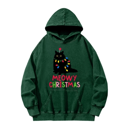 Meowy Christmas Funny Black Cat Vintage Washed Hoodie