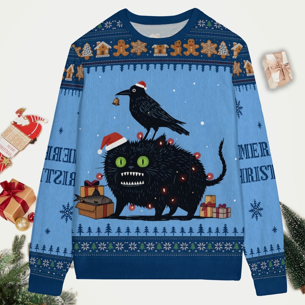 Cats Crows And Fish Unite for Christmas Ugly Sweatshirt