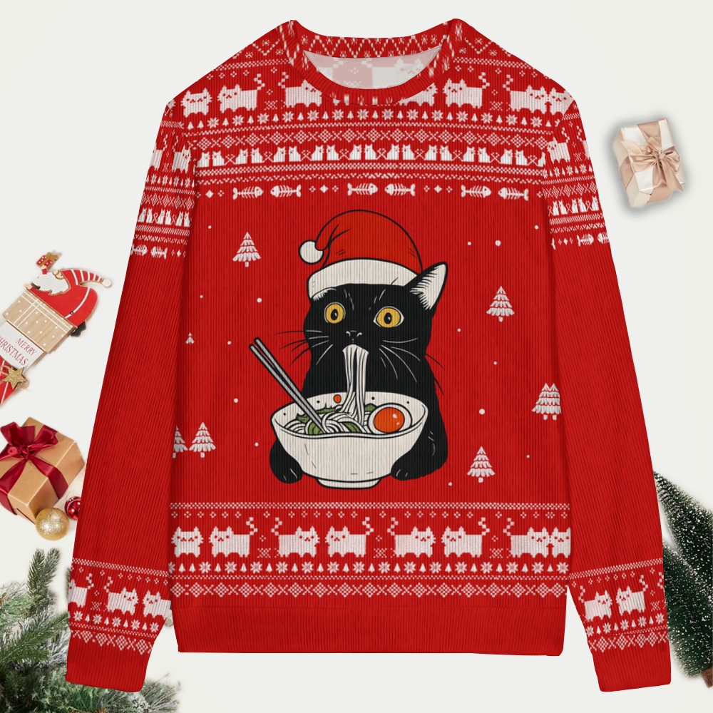Cat Eating Ramen Christmas Ugly Sweatshirt