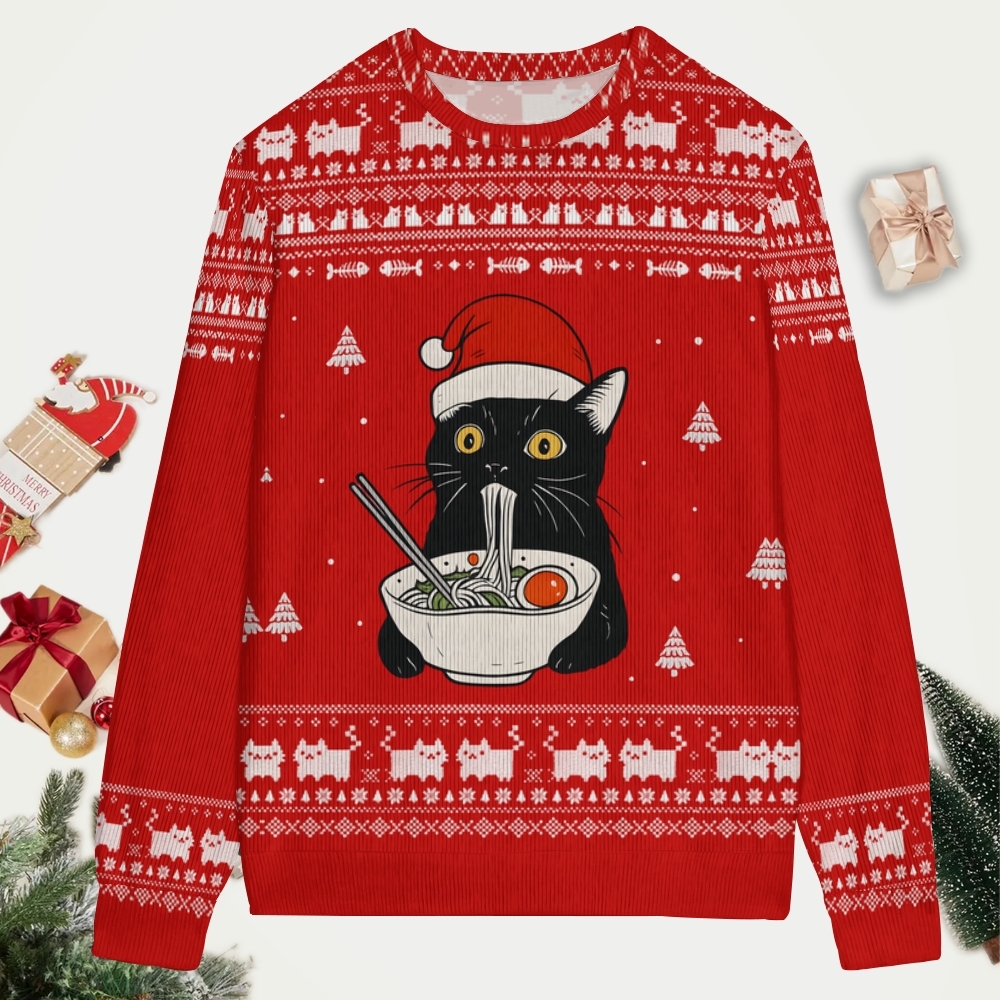 Cat Eating Ramen Christmas Ugly Sweatshirt