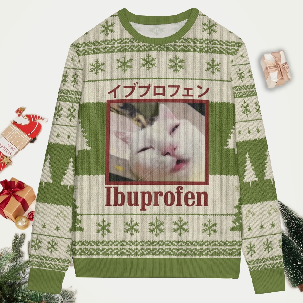 Green Ibuprofen Meme Cat Christmas Ugly Sweatshirt