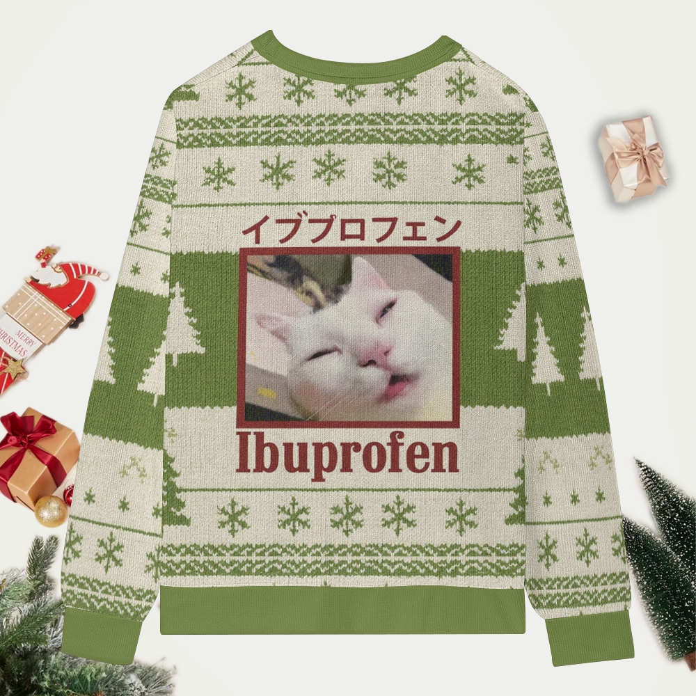 Green Ibuprofen Meme Cat Christmas Ugly Sweatshirt