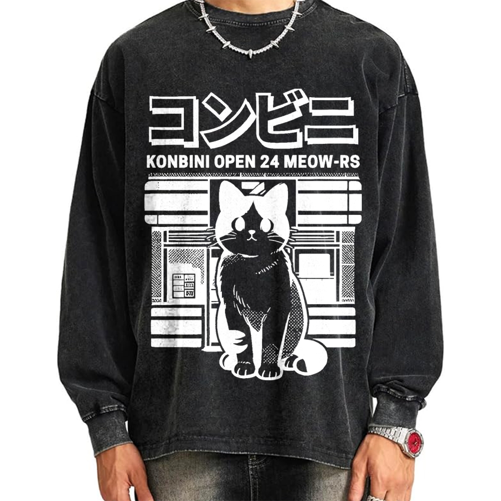 Konbini Kawaii Cat Vintage Washed Sweatshirts