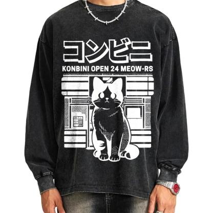 Konbini Kawaii Cat Vintage Washed Sweatshirts