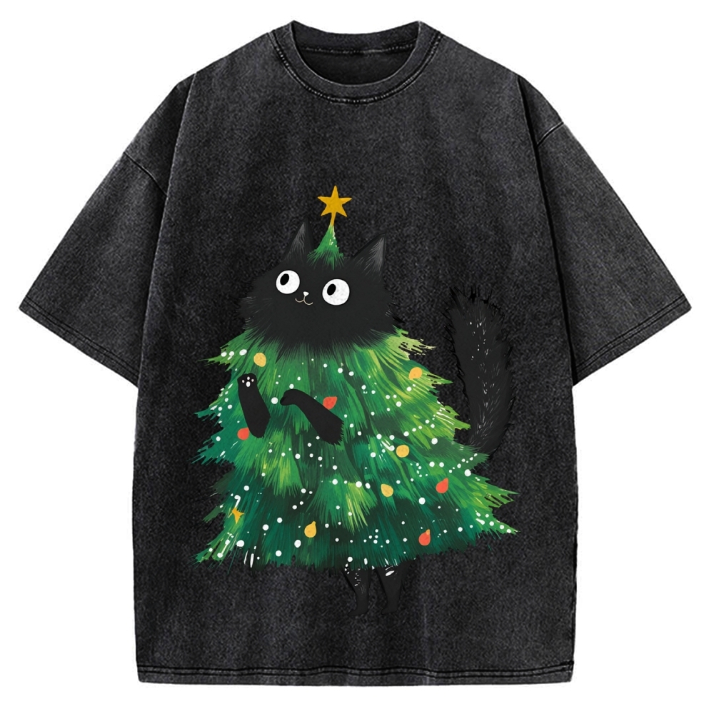 Christmas Tree Cat Japan Vintage Washed T-shirt