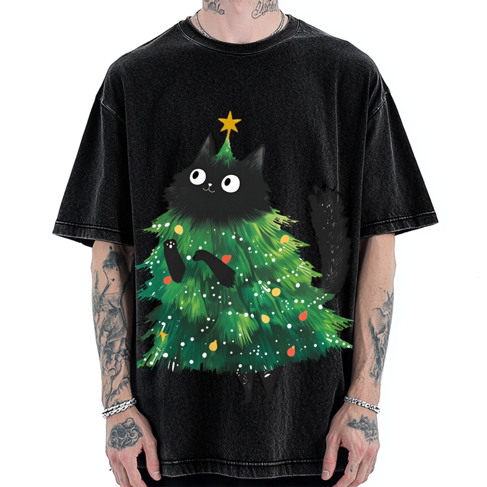 Christmas Tree Cat Japan Vintage Washed T-shirt