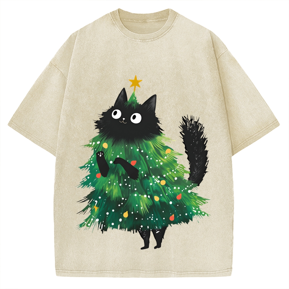 Christmas Tree Cat Japan Vintage Washed T-shirt