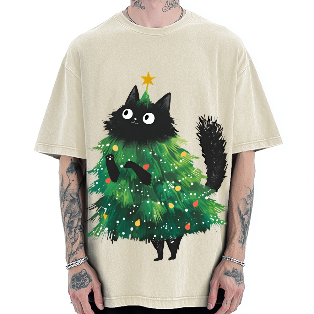 Christmas Tree Cat Japan Vintage Washed T-shirt