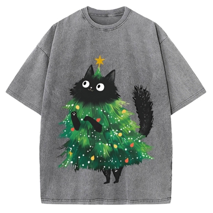Christmas Tree Cat Japan Vintage Washed T-shirt