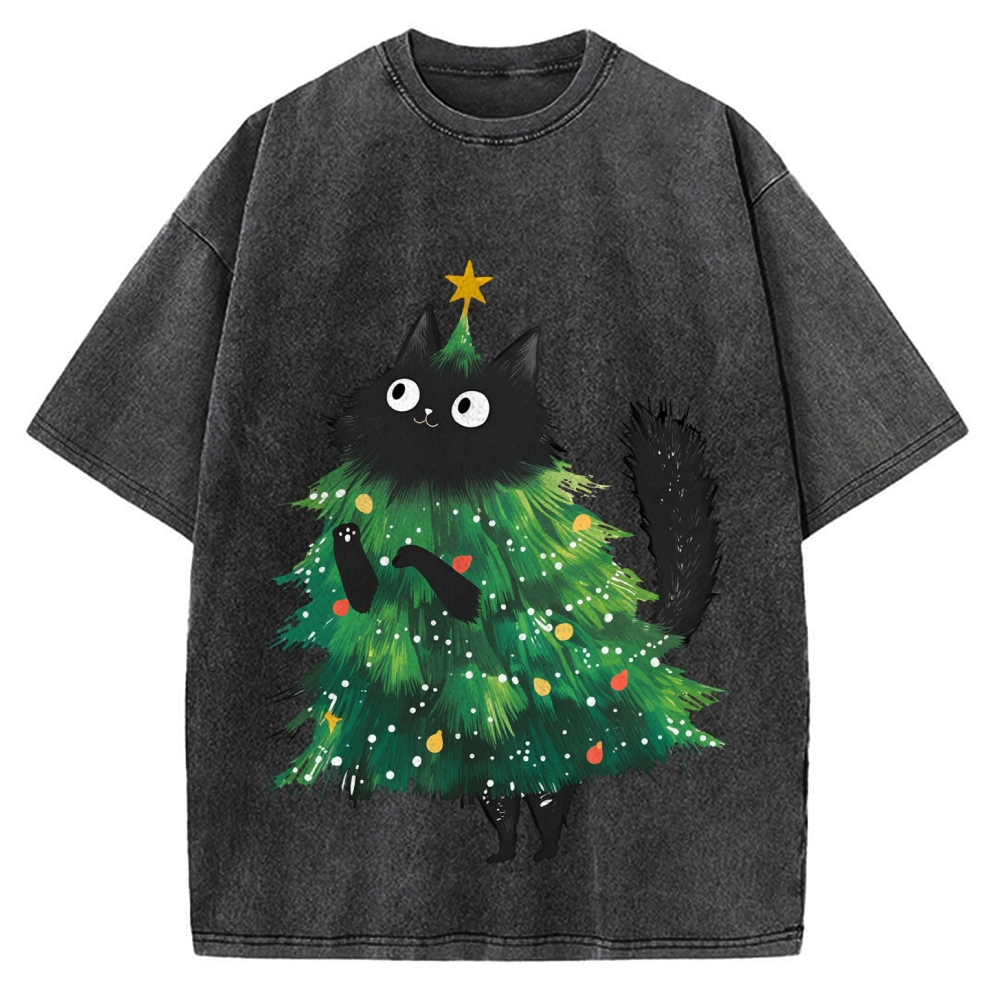 Christmas Tree Cat Japan Vintage Washed T-shirt
