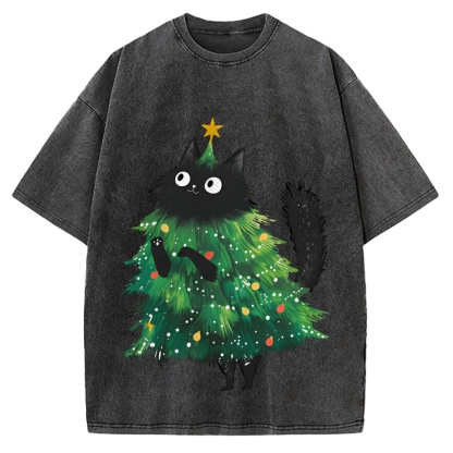 Christmas Tree Cat Japan Vintage Washed T-shirt