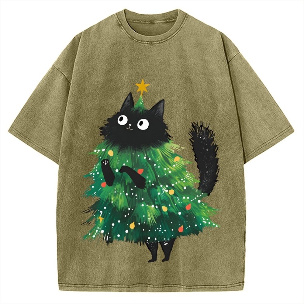 Christmas Tree Cat Japan Vintage Washed T-shirt