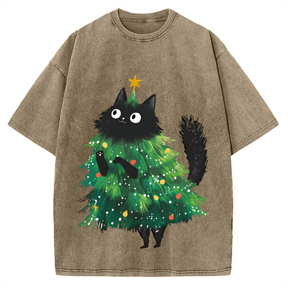 Christmas Tree Cat Japan Vintage Washed T-shirt