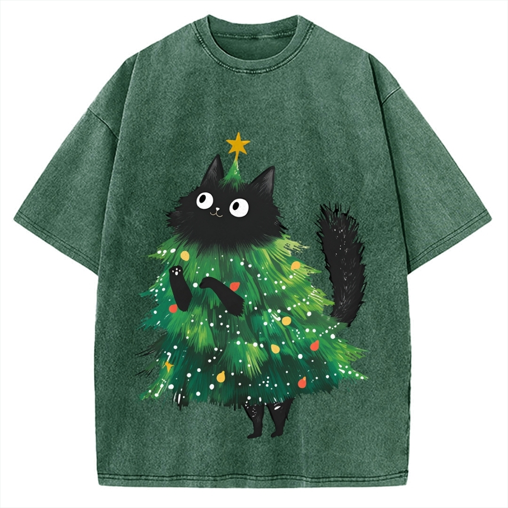 Christmas Tree Cat Japan Vintage Washed T-shirt