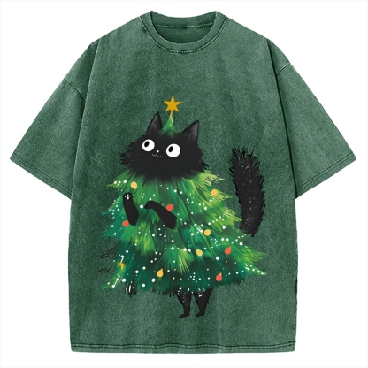 Christmas Tree Cat Japan Vintage Washed T-shirt