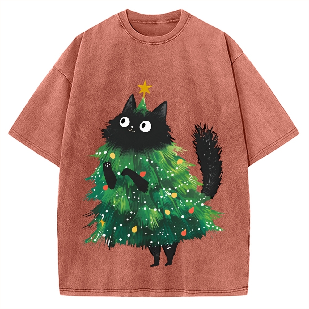 Christmas Tree Cat Japan Vintage Washed T-shirt