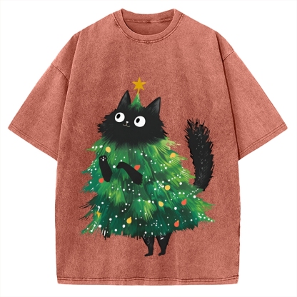 Christmas Tree Cat Japan Vintage Washed T-shirt