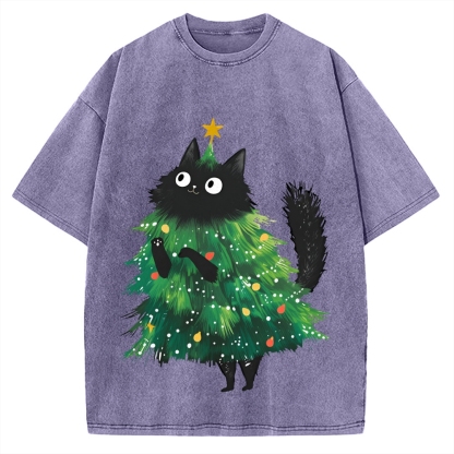 Christmas Tree Cat Japan Vintage Washed T-shirt