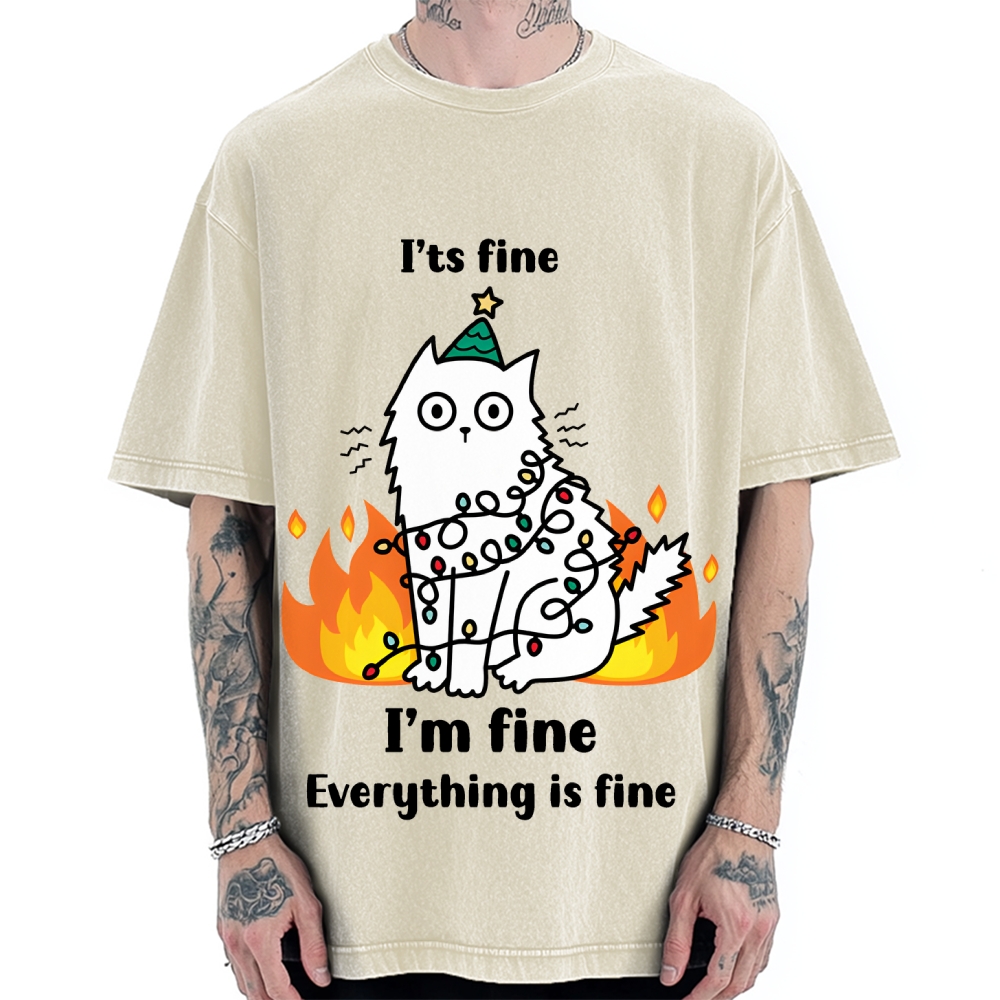 Funny Christmas cat with garland Vintage Washed T-shirt