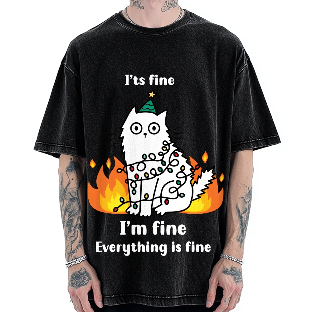 Funny Christmas cat with garland Vintage Washed T-shirt