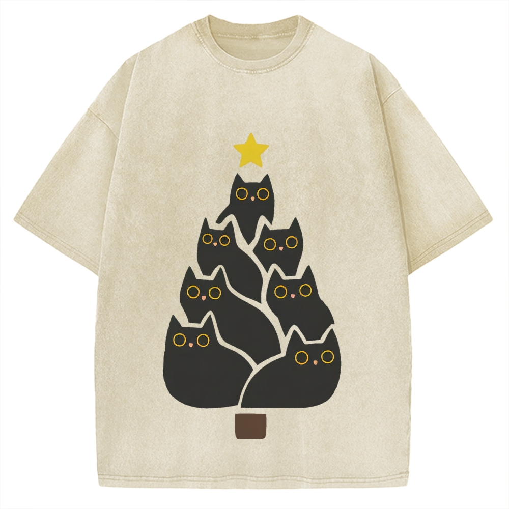 Enjoy Cool Funny Christmas Black Cats Decoration Tree Vintage Washed T-shirt
