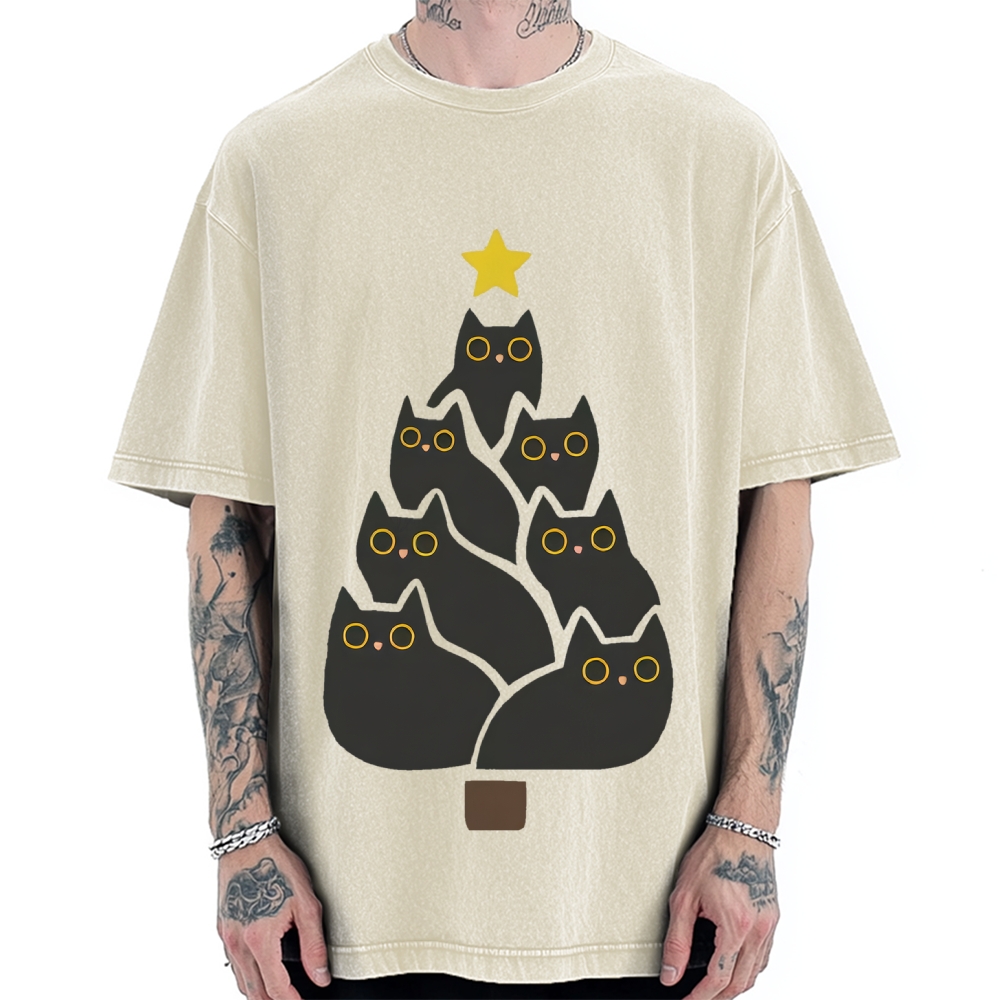 Enjoy Cool Funny Christmas Black Cats Decoration Tree Vintage Washed T-shirt