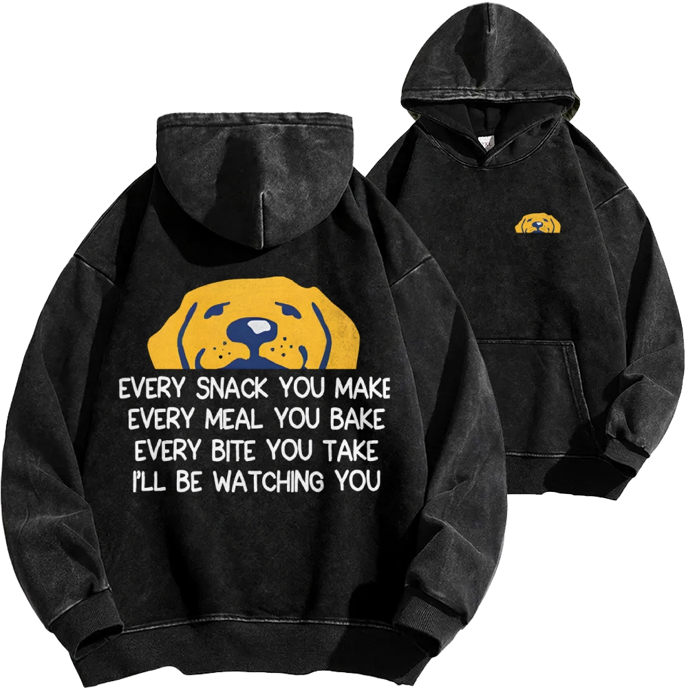 I'll Be Watching You Funny Dog Front And Back Printing Vintage Washed Hoodie
