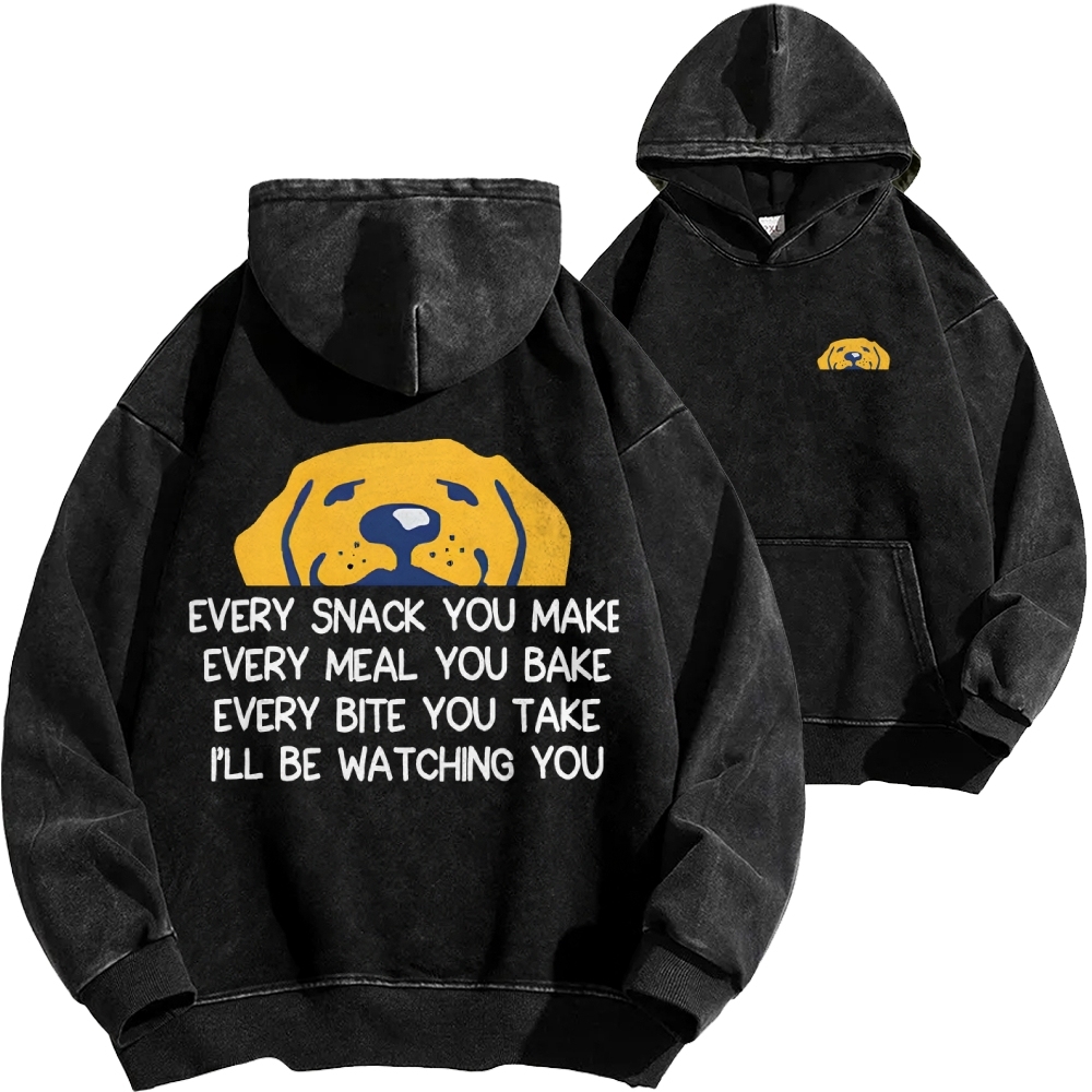 I'll Be Watching You Funny Dog Front And Back Printing Vintage Washed Hoodie