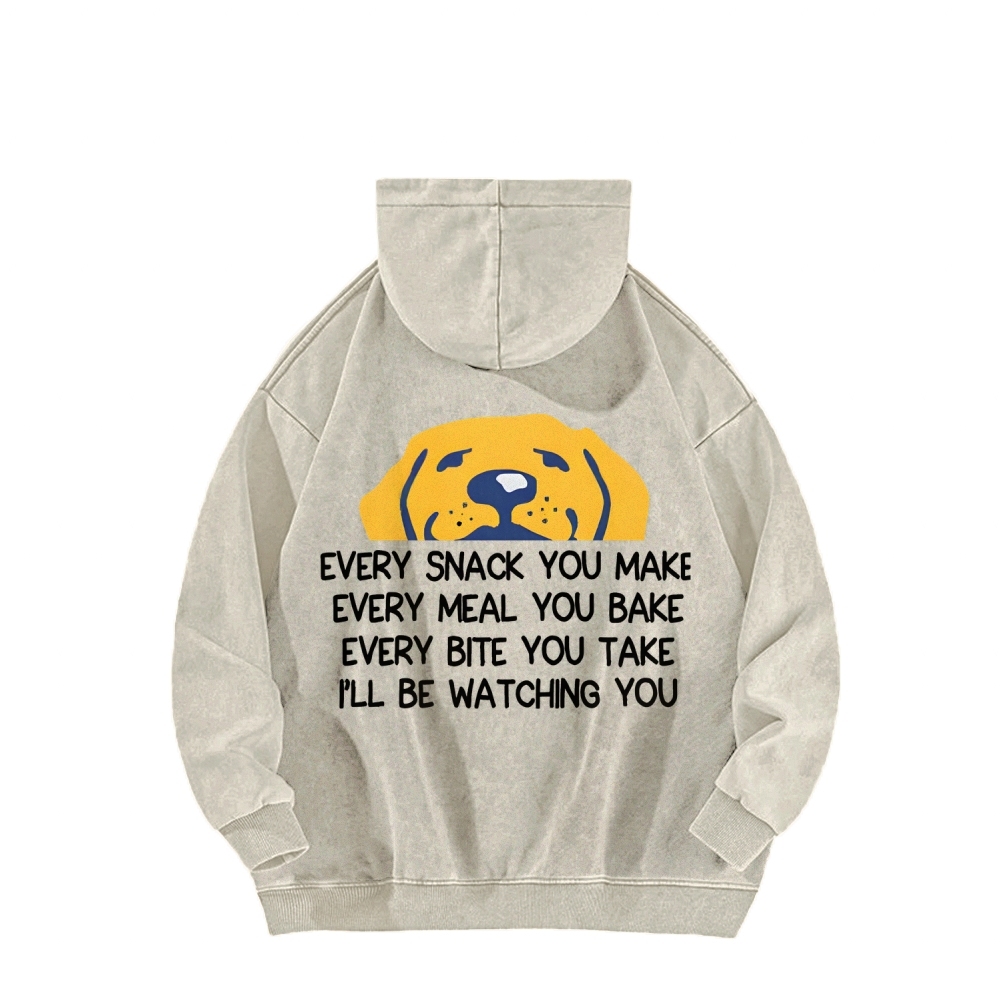I'll Be Watching You Funny Dog Front And Back Printing Vintage Washed Hoodie