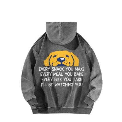 I'll Be Watching You Funny Dog Front And Back Printing Vintage Washed Hoodie