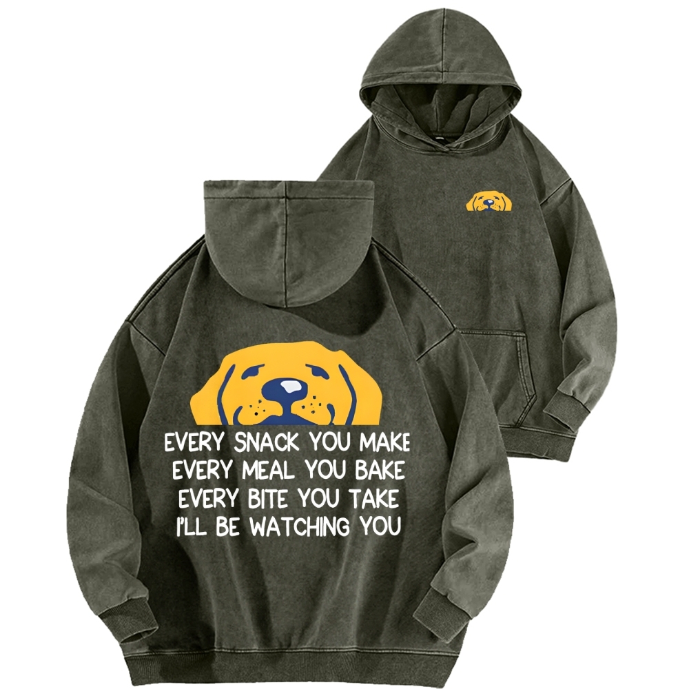 I'll Be Watching You Funny Dog Front And Back Printing Vintage Washed Hoodie