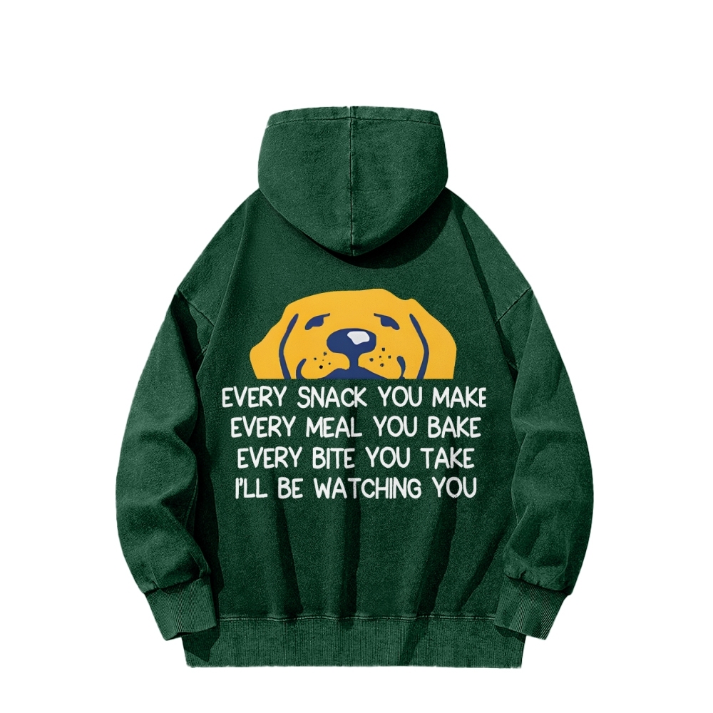 I'll Be Watching You Funny Dog Front And Back Printing Vintage Washed Hoodie