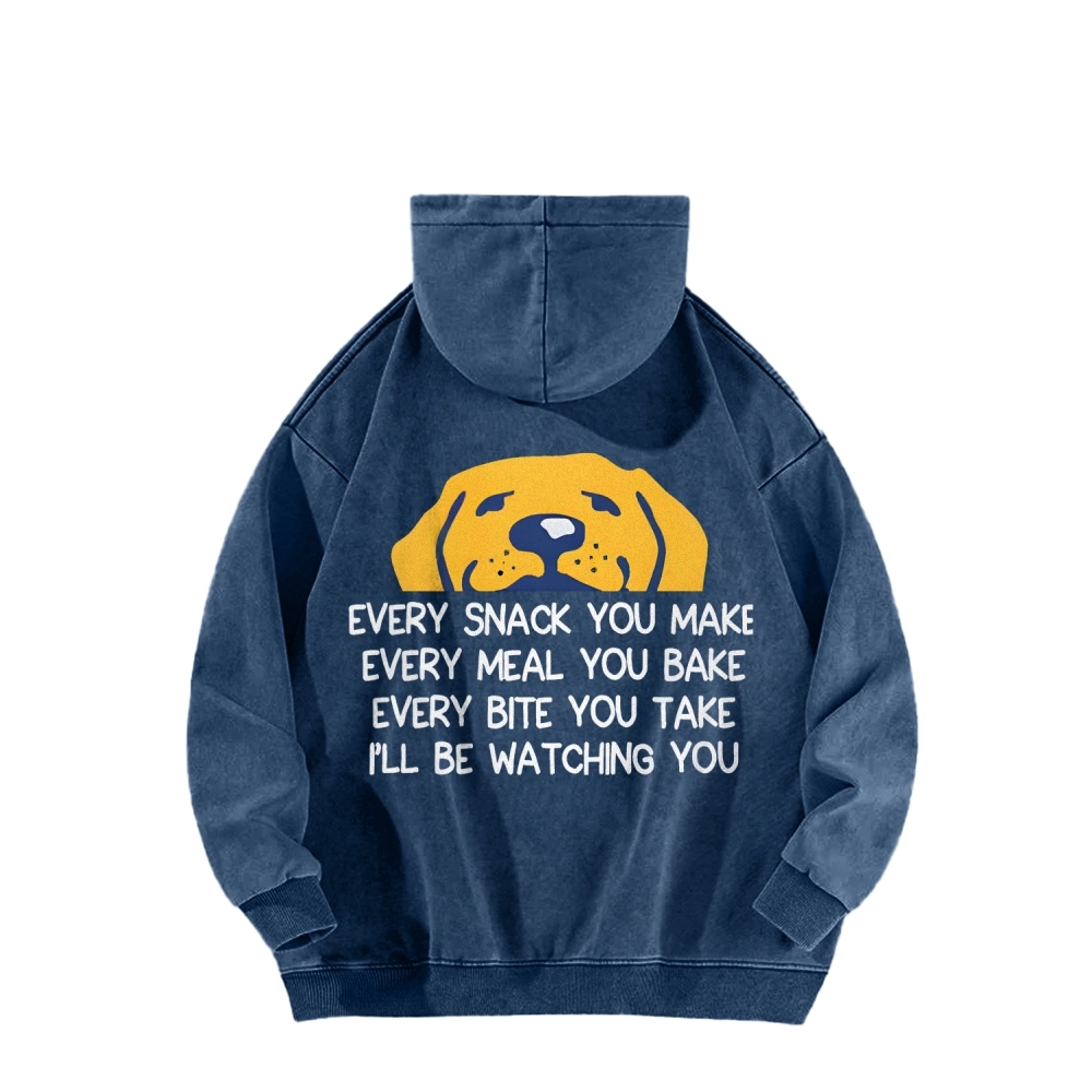 I'll Be Watching You Funny Dog Front And Back Printing Vintage Washed Hoodie