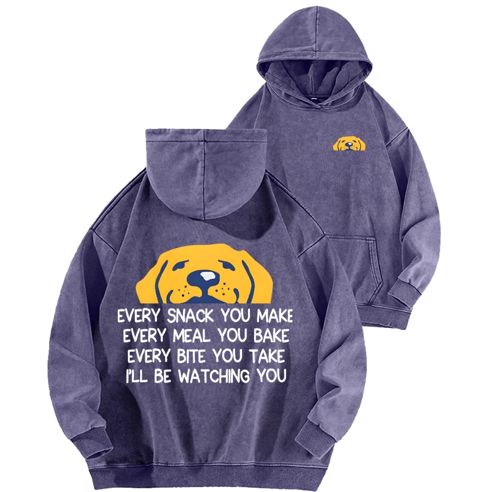 I'll Be Watching You Funny Dog Front And Back Printing Vintage Washed Hoodie