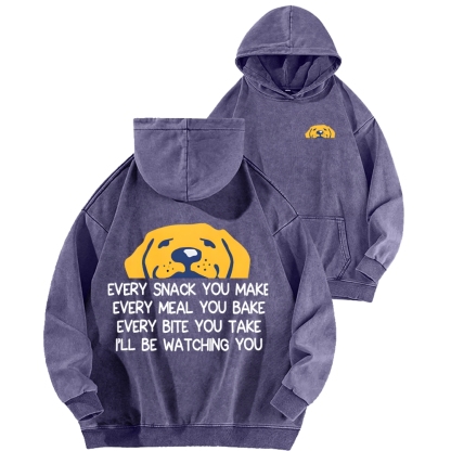 I'll Be Watching You Funny Dog Front And Back Printing Vintage Washed Hoodie