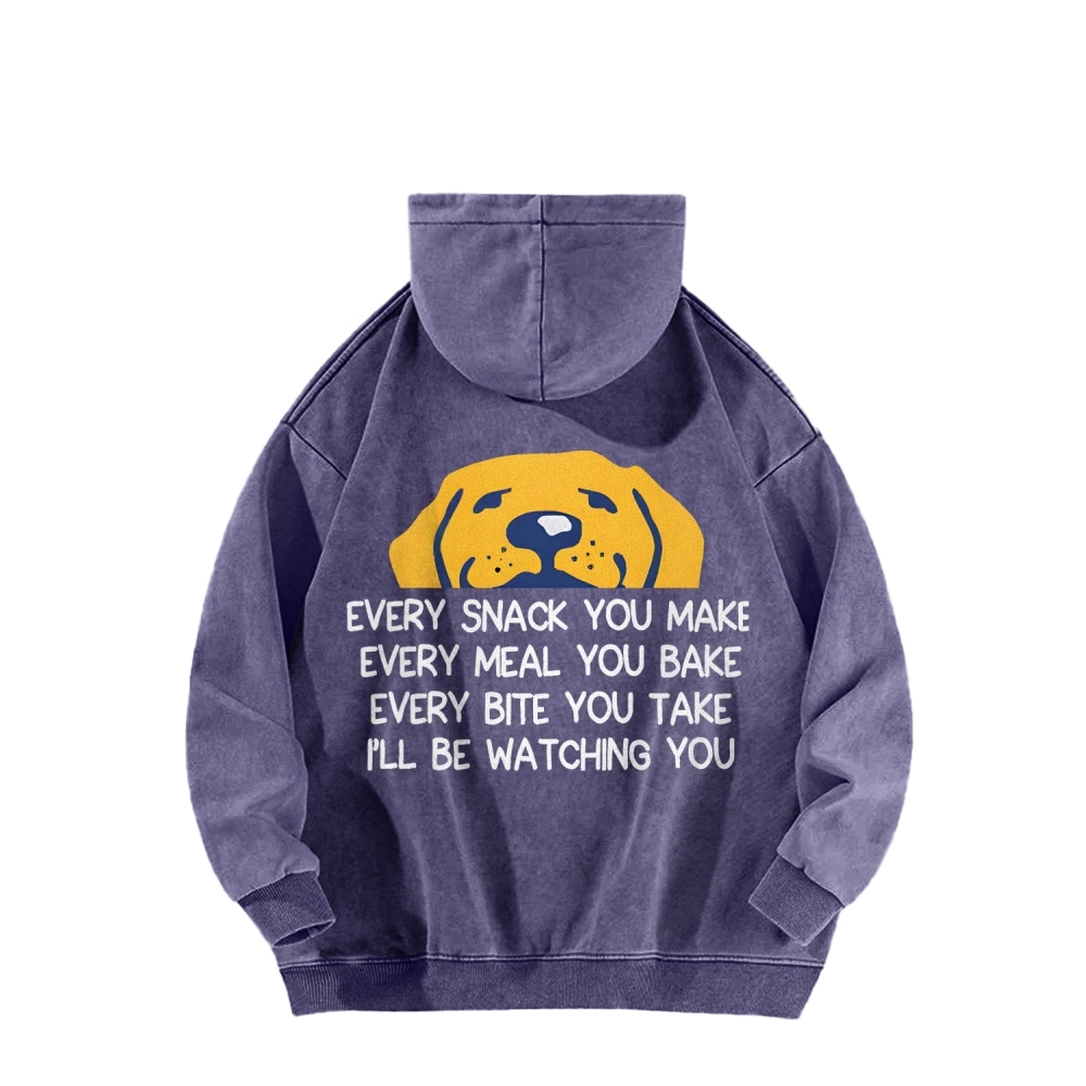 I'll Be Watching You Funny Dog Front And Back Printing Vintage Washed Hoodie