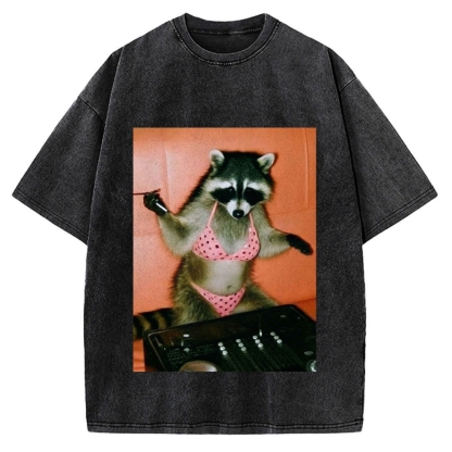 DJ Bikini Raccoon Funny Vintage Washed T-shirt