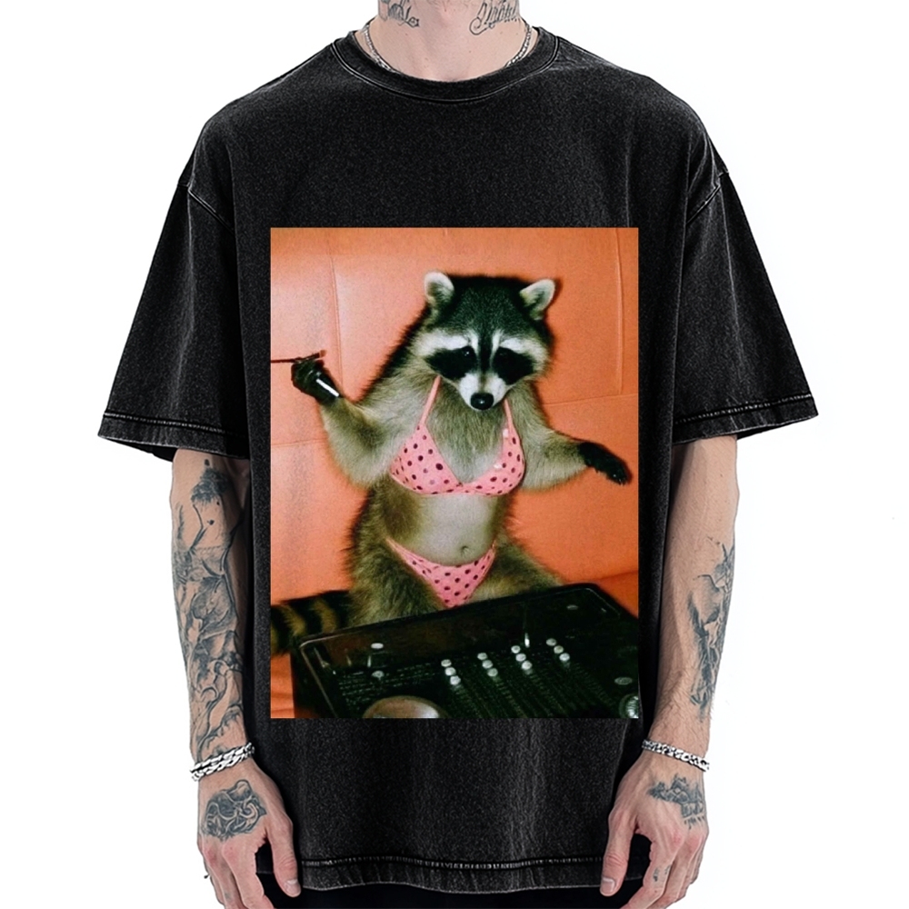 DJ Bikini Raccoon Funny Vintage Washed T-shirt