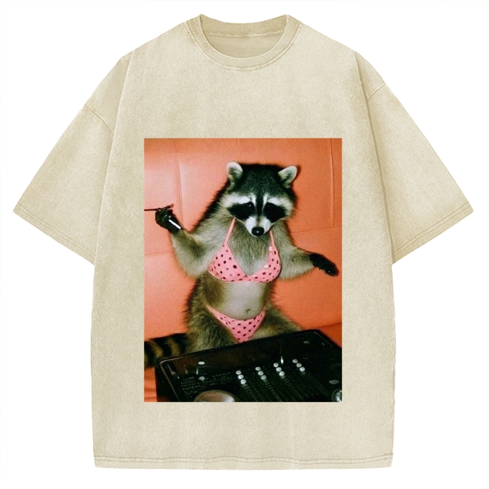 DJ Bikini Raccoon Funny Vintage Washed T-shirt