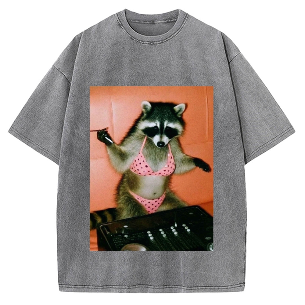 DJ Bikini Raccoon Funny Vintage Washed T-shirt