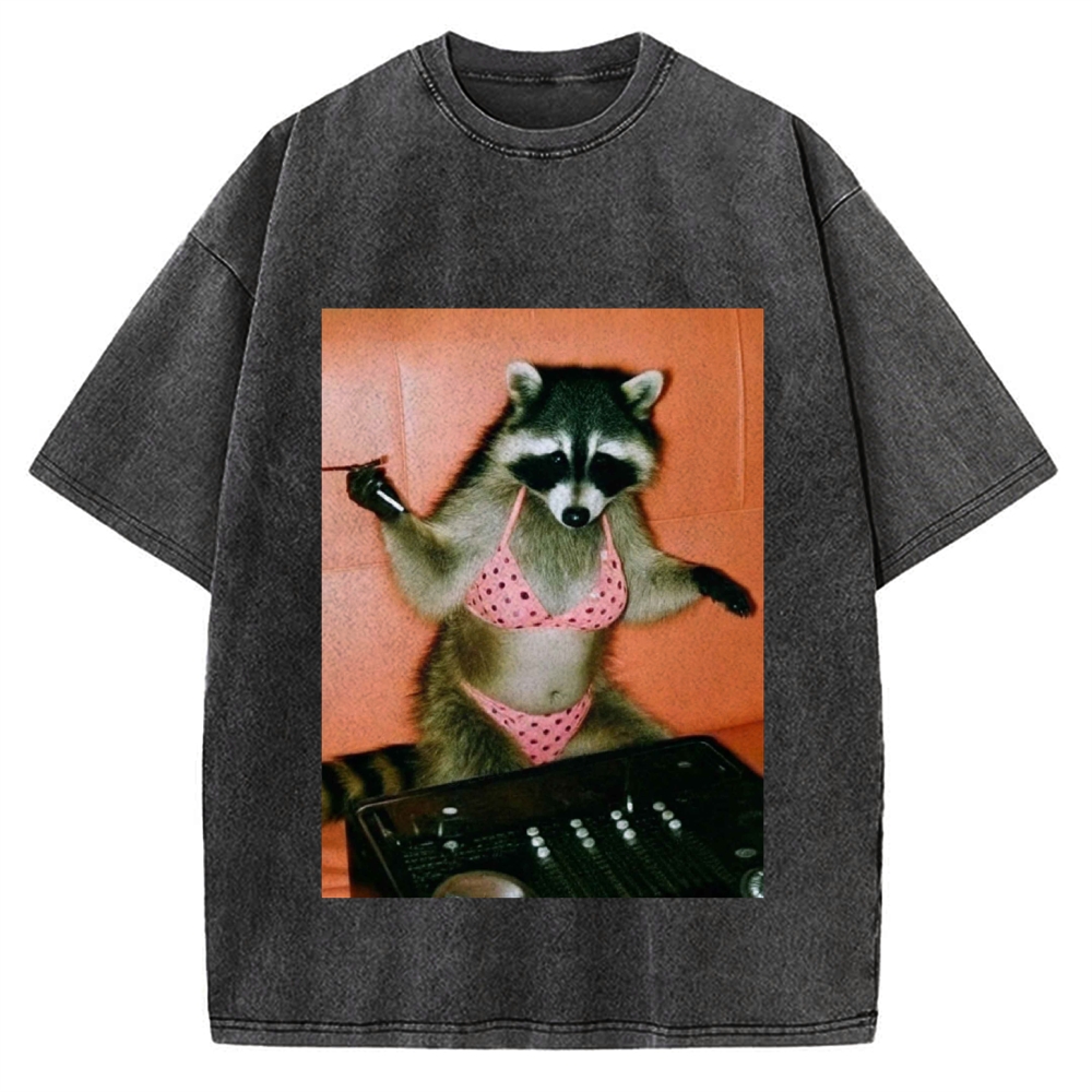 DJ Bikini Raccoon Funny Vintage Washed T-shirt
