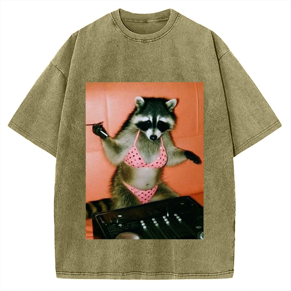 DJ Bikini Raccoon Funny Vintage Washed T-shirt