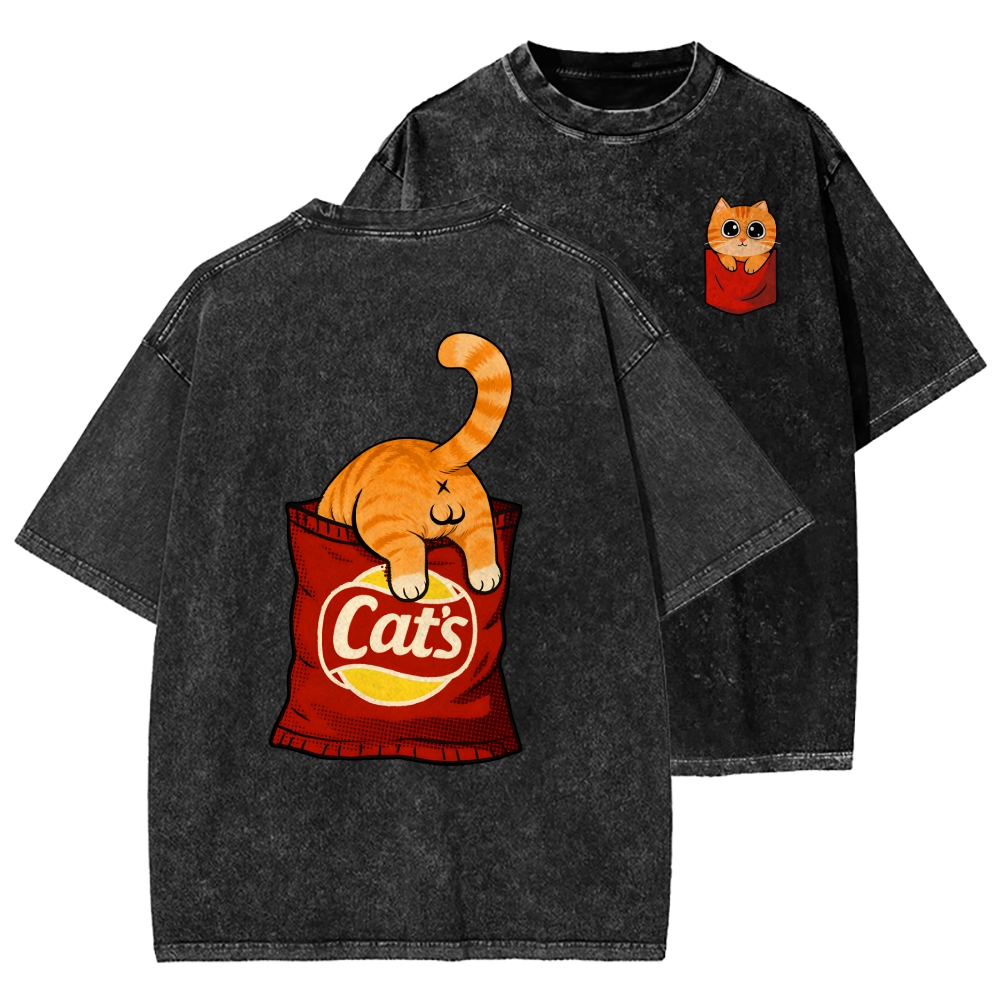 CAT’S CHIPS Front And Back Printing Washed T-shirt